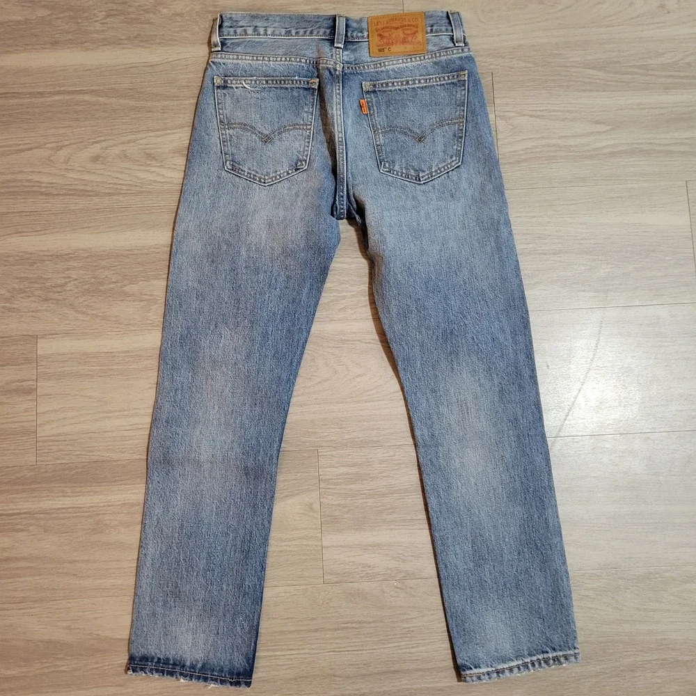 Levis 505 C Orange Tab Light Wash Distressed Slim Straight Jeans Mens 28x27